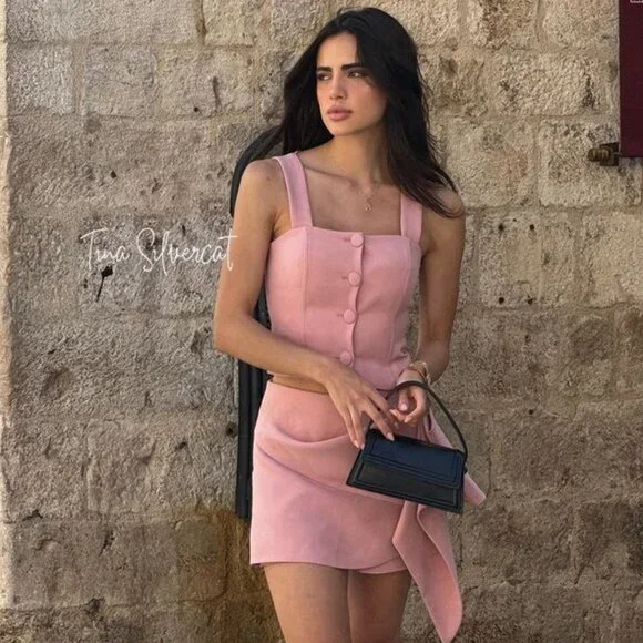 BLOGGER'S FAVE! Zara 2 Piece Voluminous Skort And Bustier Set Pink NWT